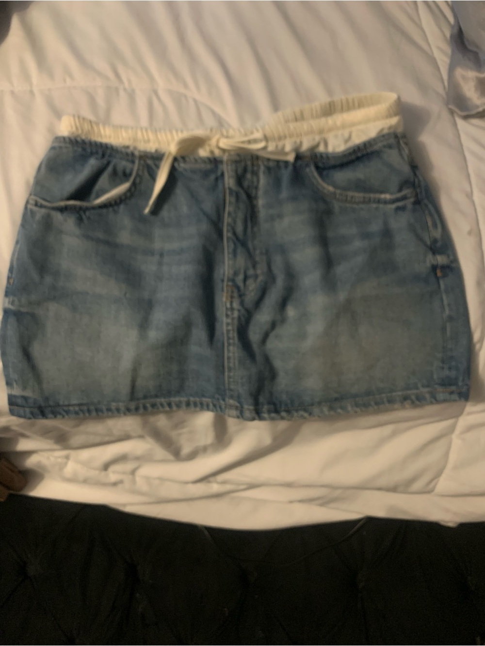 Zara Light Blue Denim Mini Skirt with Cream Drawstring Waist